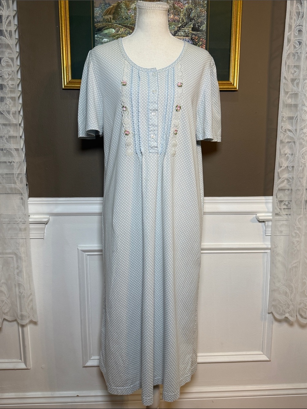 Vintage 90s Emma C Cotton Polka Dot Rosebud Nightgown Large Blue